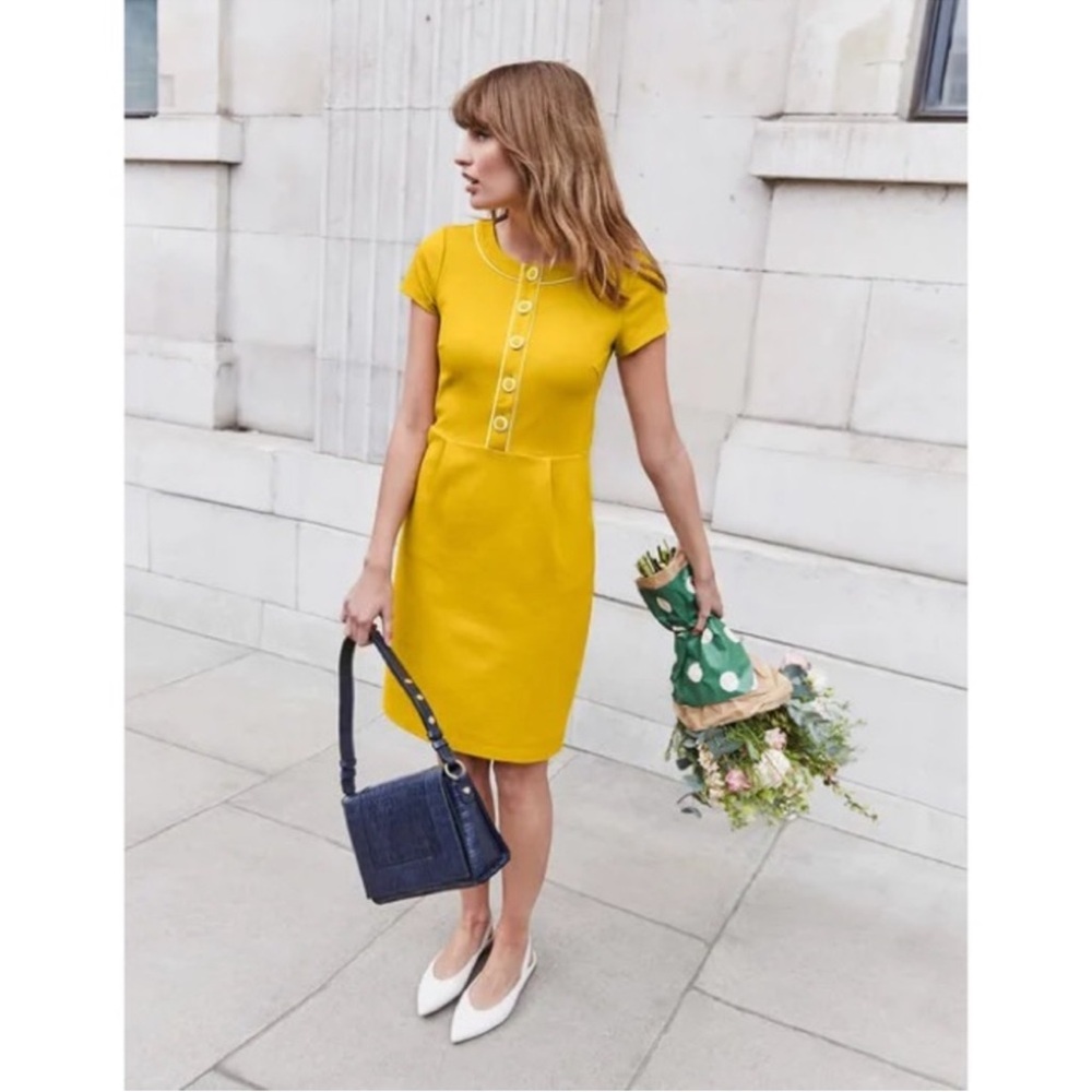 Boden Yellow Short-Sleeve Midi Dress with Button Placket